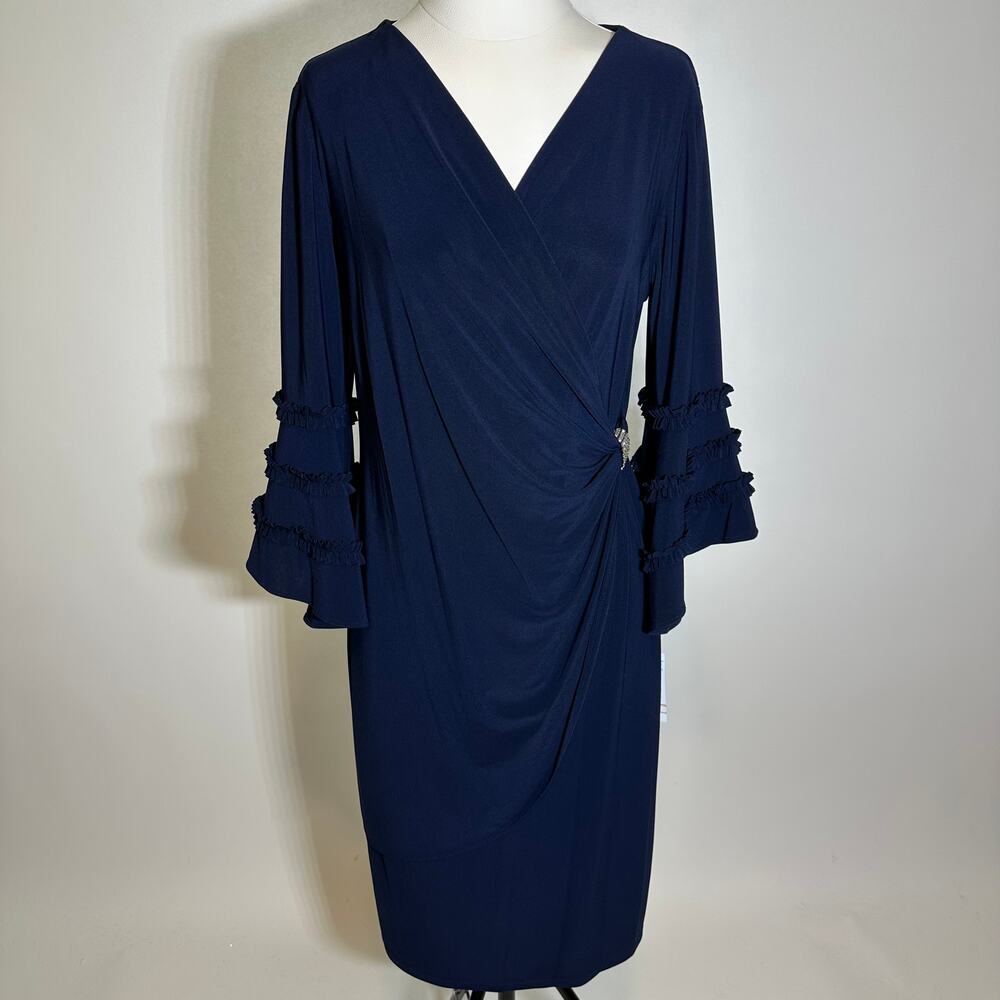 NWT R&M Richards Navy Blue Ruffle Sleeve Faux Wrap Cocktail Dress Womens Size 12
